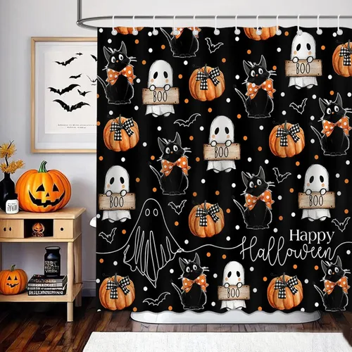 Miniatura 2 de Mocsicka Cortina de ducha de Halloween con dibujos animados, fantasma, lindo gato negro, calabaza, cortina de ducha de baño, cortina de ducha