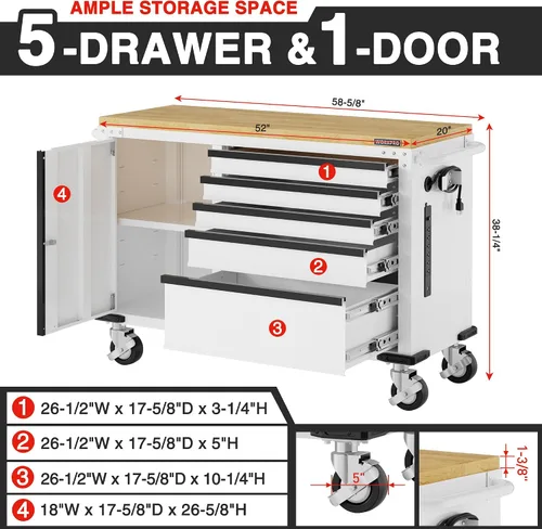 Miniatura 2 de WORKPRO Cofre de herramientas rodante de 52 x 20 pulgadas, con 5 cajones y 1 puerta, baúl de herramientas resistente con ruedas, regleta de Madera