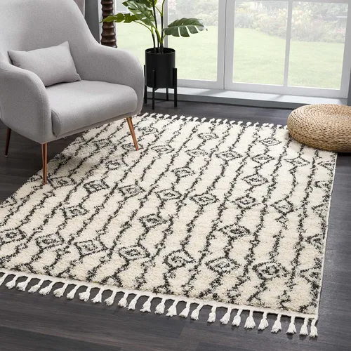 Miniatura 13 de Hauteloom, Duncans - Alfombra de estilo granja de pelo mullido para sala y dormitorio, con borlas - Beige, carbón, gris - 2 pies 7 pulgadas x 7 pies