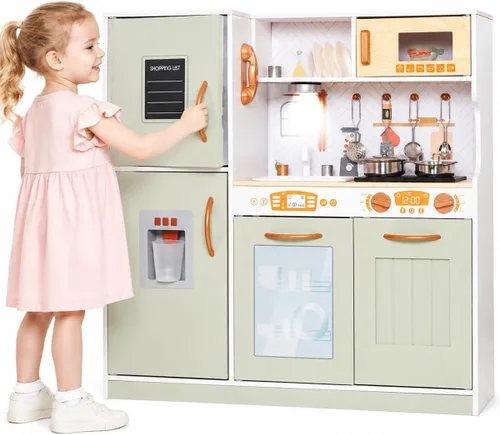 TOUCH US Juego de juguetes de cocina de madera con luz, juego de cocina de juguete de simulación para niños, horno de juguete para fregadero con
