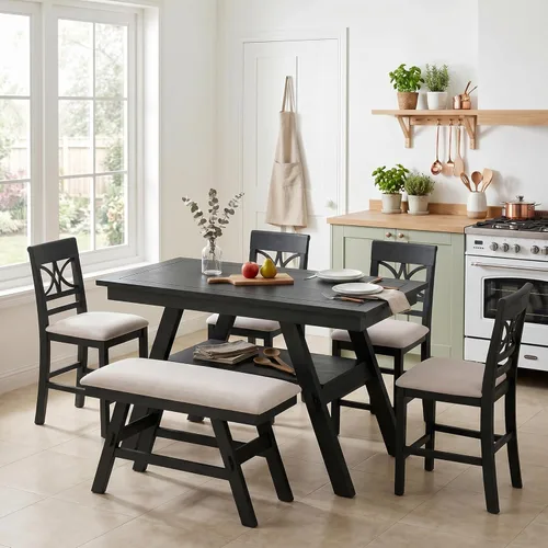 Miniatura 13 de LUMISOL Juego de 6 mesas de comedor de estilo rústico para 6, mesa de cocina de madera maciza de 60 pulgadas con banco y 4 sillas, acabado marrón