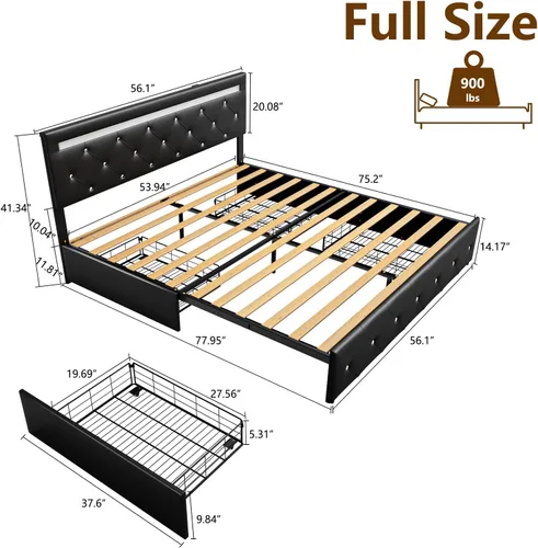 Miniatura 2 de Benevika Base de cama de tamaño completo con 4 cajones y estación de carga, cama tapizada de cuero PU con cabecera LED ajustable, soporte de Negro