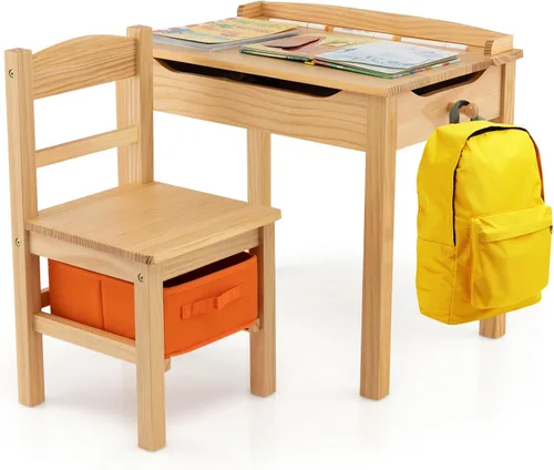 Miniatura 13 de HONEY JOY Juego de mesa y silla para niños, escritorio de madera y silla con cajón, portarollos de papel y 2 bolígrafos, juego de mesa de blanco 1