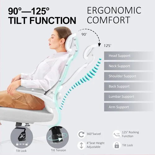Miniatura 6 de Ergonomic Office Chair,Ultra Thick Office Desk Chair with Adjustable Lumbar Support and Headrest,Spring Cushion,Rocking Function,Flip-up arms,Mesh