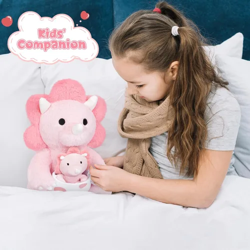Miniatura 5 de Peluche de dinosaurio rosa, huevo de Pascua de 11.8 pulgadas, peluche de dinosaurio rosa con dinosaurio bebé para niños, peluche Kawaii Triceratops