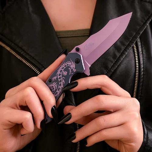 Miniatura 6 de SZCO 7.75" Cuchillo plegable de utilidad de rescate con apertura asistida Flying Dragon (Morado)