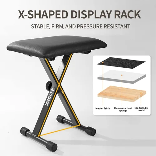 Miniatura 5 de AODSK Banco para teclado estilo X con cojín acolchado, banco de piano ajustable, taburete plegable con asiento, algodón ignífugo, diseño
