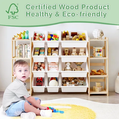 Miniatura 4 de MallBest Organizador de almacenamiento de juguetes extra ancho con 12 contenedores y estantes dobles, estante de madera de pino maciza para niños