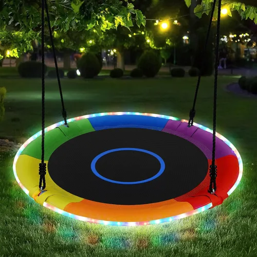 Trekassy Columpio de árbol de platillo de 40 pulgadas para niños y adultos al aire libre con luces LED, 2 correas para colgar en el árbol, arcoíris