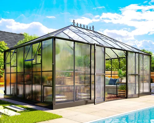 Miniatura 9 de Jocisland Invernadero de Policarbonato de 14x9.5x9 Pies - Invernaderos de Aluminio para Exteriores con Altura de Pared de 6 Pies con 2 Ventilaciones
