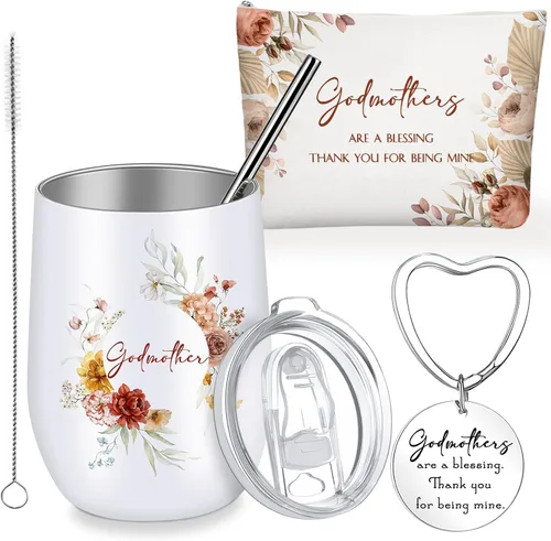 Didaey Juego de 3 regalos para madrina de parte del ahijado, regalo de propuesta de madrina, vaso de acero inoxidable, bolsa de maquillaje, llavero