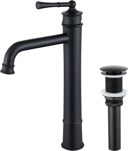 Grifo de lavabo de recipiente, color negro mate, grifo de baño alto, montaje en cubierta, una manija, grifo de tocador de lavabo con drenaje pop-up,