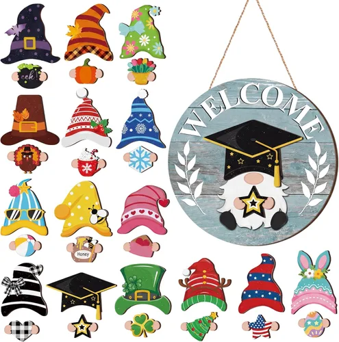 Miniatura 34 de Qunclay 31 piezas 3D de grano natural intercambiable de madera gnomo para puerta, decoraciones navideñas de gnomo con piezas magnéticas y sombreros