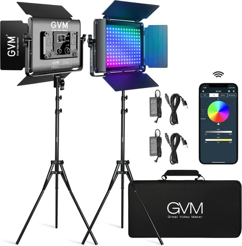 GVM - Luz de video LED RGB con kits de iluminación, panel de luz LED 680RS 50W con control Bluetooth, 2 paquetes de iluminación de fotografía para