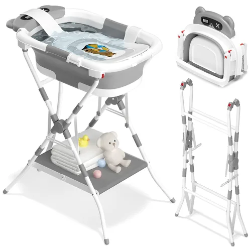 AVIDOR Bañera de bebé 2 en 1 con soporte para recién nacidos y bebés, bañera plegable para bebés, regalos de baby shower para nuevos padres, gris