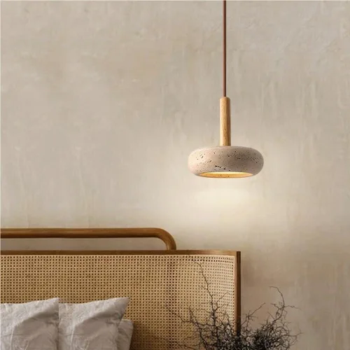 Miniatura 4 de Lámpara colgante japonesa Wabi-Sabi 3000K luz cálida LED lámpara colgante vintage amarillo travertino lámpara colgante con detalles de madera