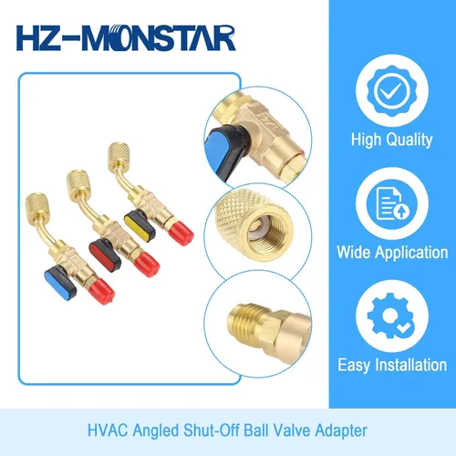 Miniatura 5 de Válvula de bola refrigerante de aire acondicionado 1/4 '' SAE, adaptador de válvula de bola de cierre en ángulo HVAC de latón para sistema mini