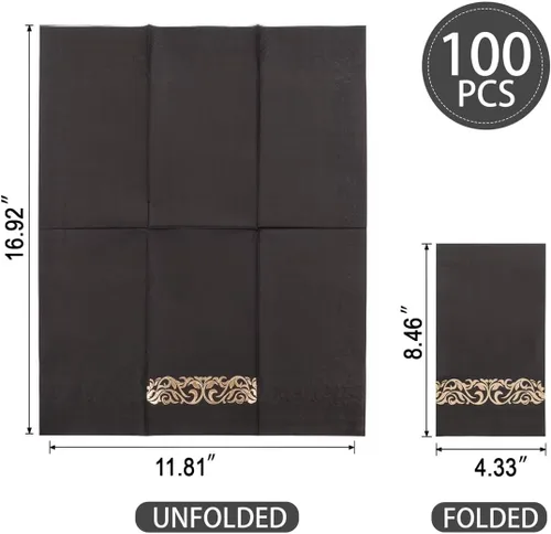 Miniatura 2 de WDF 100 unidades de servilletas negras y doradas desechables - 3 capas, servilletas negras con borde dorado, servilletas desechables de papel