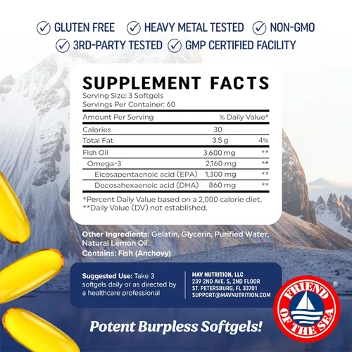 Miniatura 6 de Aceite de pescado Omega 3 de triple fuerza 3600 mg EPA y DHA Más de 2100 mg de ácidos grasos omega-3 1300 mg EPA + 860 mg DHA Los mejores