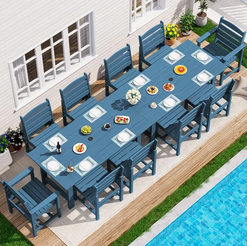 Miniatura 11 de SERWALL Juego de Mesa de Comedor de HDPE para Exteriores, Juego de 7 Piezas de Mesa de Comedor al Aire Libre con Mesa con Corte para Agujero de Gris