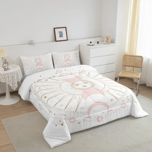 Miniatura 3 de Juego de edredón bohemio dorado tamaño Queen para niños y niños, decoración de habitación de luna rosa, misterioso, bohemio, juego de ropa de cama
