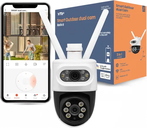 VTA+ Cenefa de cámara de seguridad para exteriores de doble lente 2K, seguimiento de movimiento, rotación de 280°, visión nocturna a color, WiFi de