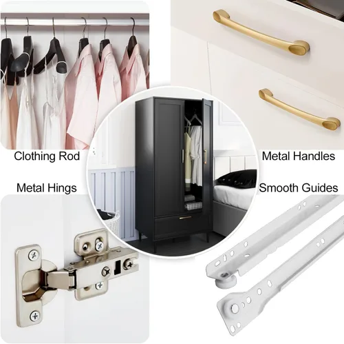 Miniatura 5 de Armario Morden para dormitorio, armario con barra para colgar, 60 pulgadas, 2 puertas, para ropa con cajones, armario de almacenamiento Morden, Negro