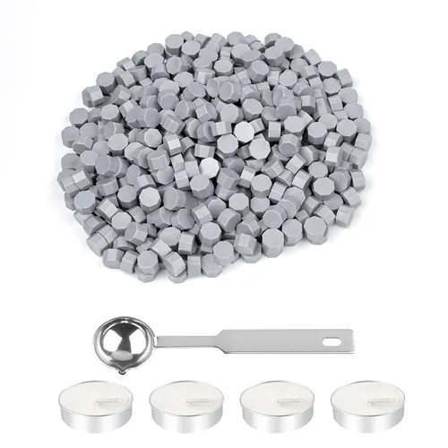 Miniatura 8 de NACHLYNN 600 cuentas de cera de sellado octágono, cuentas de sello de cera azul cielo con 1 cuchara de fusión y 4 velas de té para tarjetas