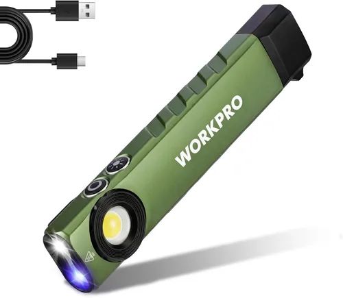 Miniatura 10 de WORKPRO linterna recargable de trabajo, linterna de bolsillo plana de 600 lúmenes con luz UV, base magnética y clip, linterna LED EDC delgada