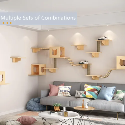 Miniatura 7 de Juego de estantes y muebles de pared para gatos con condominios, perchas, escaleras de puente, postes rascadores de sisal - escalones y casas
