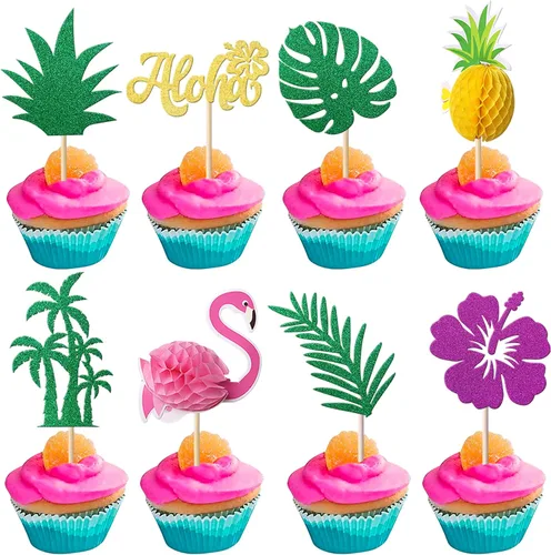 Miniatura 17 de Rsstarxi Paquete de 25 adornos tropicales para cupcakes Luau con decoración de pastel de flamenco de feliz cumpleaños, palmera, flamenco, piña