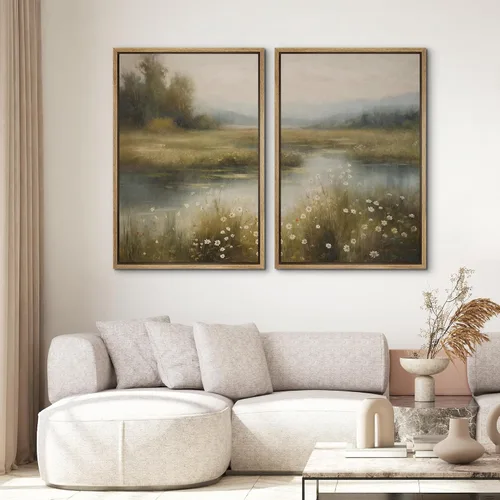 Miniatura 2 de SIGNWIN Lienzo enmarcado para pared, juego de arte sereno de paisaje de pantanos, ilustración rústica, arte moderno, minimalismo, decorativo