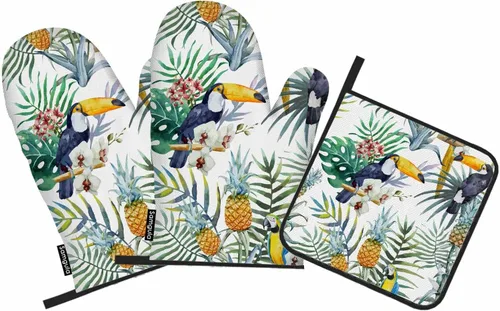 Juego de manoplas de horno y soportes para ollas de pájaro tucán plantas tropicales piña loro resistentes al calor, 3 piezas para cocinar, hornear,