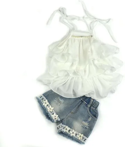 Miniatura 2 de Conjunto de ropa de chaleco de gasa con perlas y pantalones cortos de mezclilla para bebés de 2 a 7 años