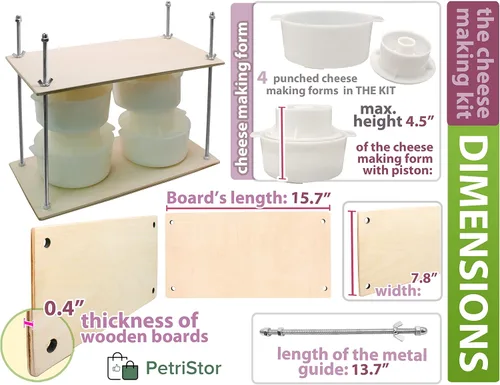 Miniatura 3 de PetriStor Prensa de queso de madera para hacer suministros - Guías de metal de 16 pulgadas, molde de 13 pulgadas con pistón seguidor, 1.3 cuartos