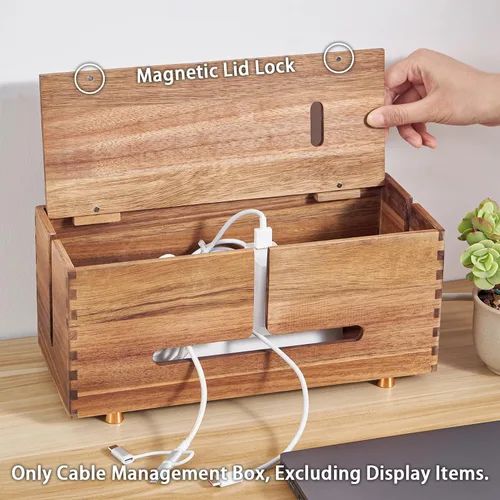 Miniatura 3 de SARUFO Caja de organización de cables de madera de acacia, organizador de cables de madera con 4 pies de metal, organizador para escritorio y piso