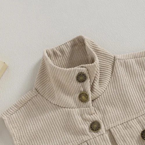 Miniatura 4 de Omkzanbi Chaleco de pana para niños y niñas, con cuello alto, bolsillo con botones, sin mangas, para otoño e invierno