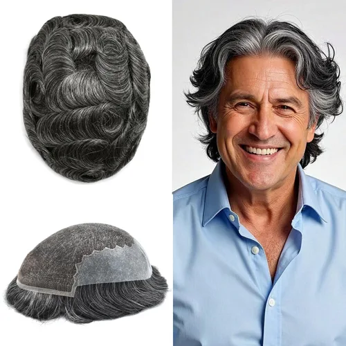 Miniatura 68 de Toupee - Sistemas de reemplazo de cabello para hombre, encaje frontal suizo, nudo blanqueado, pieza de cabello humano natural 1# negro azabache, 8 x