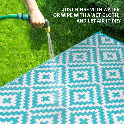 Miniatura 4 de Alfombra de paja de plástico para patio al aire libre, 5 x 8 pies, impermeable, reversible, alfombra de área, patio, caravana, porche, balcón, Azul