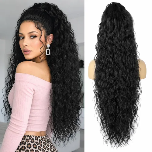 Miniatura 16 de ALXNAN Cola de caballo con clip de garra, extensión de cola de caballo marrón oscuro de 26 pulgadas para mujer, extensiones de cabello sintético