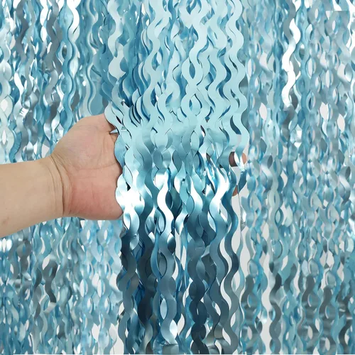 Miniatura 19 de Paquete de 4 cortinas telón de fondo de flecos de lámina metálica ondulada azul aguamarina de 3.3 pies x 6.6 pies - Cortinas de lámina metálica