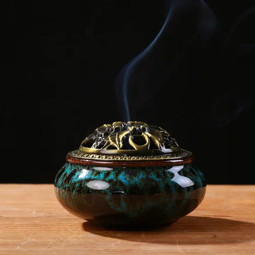 Miniatura 7 de Censer - Quemador de incienso azul cielo con soporte para varillas de incienso de calabaza - Incensario de porcelana para carbón para uso con resina