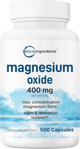 Óxido de magnesio 400 mg, 500 cápsulas | Forma elemental para máxima concentración | Apoya la calma, la salud muscular y nerviosa | Sin OMG