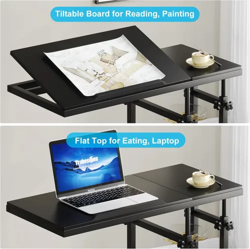 Miniatura 9 de Tribesigns Mesa C de altura ajustable con ruedas, mesa auxiliar móvil para aperitivos con tablero de dibujo inclinable, soporte para sofá, mesita