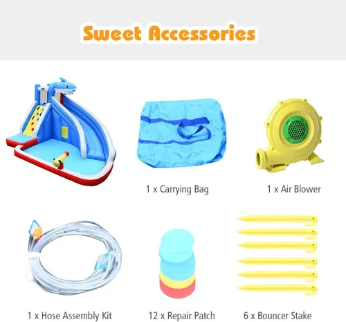 Miniatura 4 de BOUNTECH - Tobogán acuático inflable, parque de toboganes acuáticos con temática de tiburón para niños y adultos, diversión al aire libre