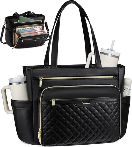 LOVEVOOK: bolsa de mano para profesores con bolsillo de acordeón, maletín de trabajo de cuero PU suave acolchado, bolsa para laptop con portavasos