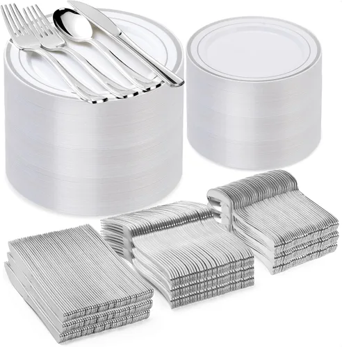 Miniatura 12 de BESTVIP Juego de 600 platos de plástico dorado transparente (para 100 invitados), platos de plástico para fiesta, boda, cumpleaños, juego de vajilla