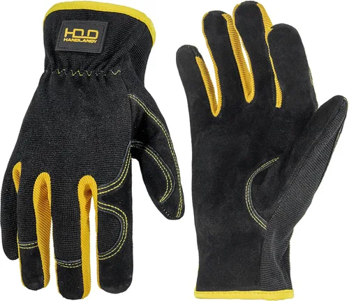Miniatura 25 de HANDLANDY Guantes de jardinería de cuero para hombre, guantes de trabajo utilitarios para mecánicos, construcción, conductor 3 pares amarillo