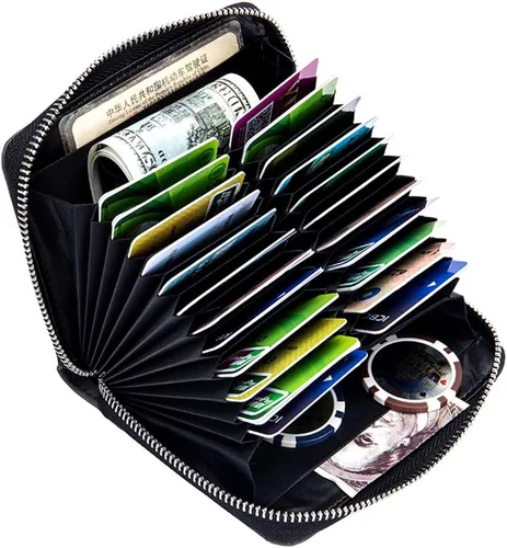 boshiho Cartera con bloqueo RFID de 24 ranuras para tarjetas de crédito, de piel auténtica, organizador de múltiples tarjetas, con cremallera