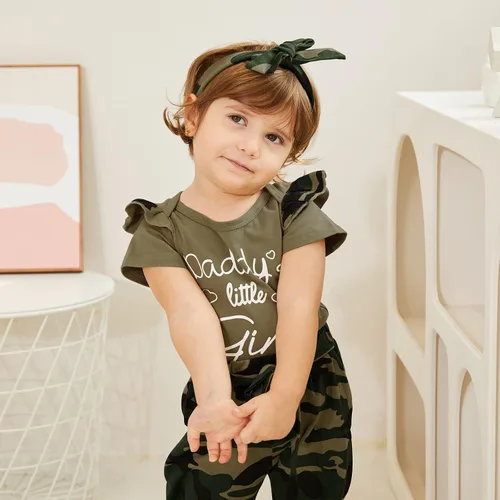 Miniatura 2 de AMAWMW Conjunto de ropa para bebé niña, mameluco con volantes para niña pequeña, pantalones de camuflaje, traje para bebé recién nacido
